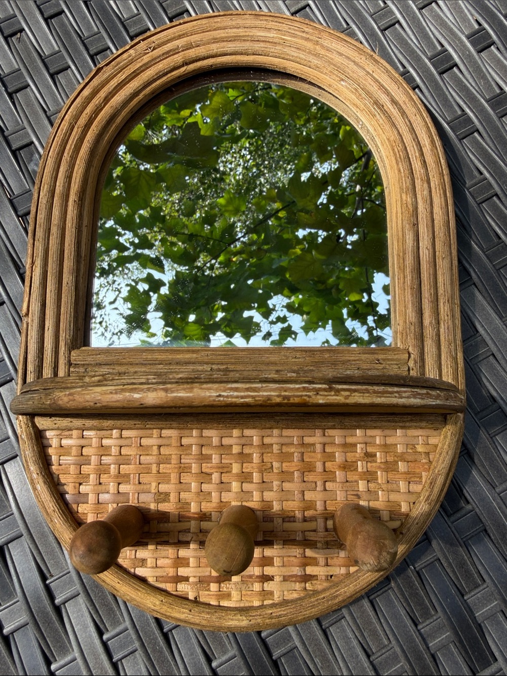 Vintage Rustic Brown Wicker Wall Mirror with Hooks